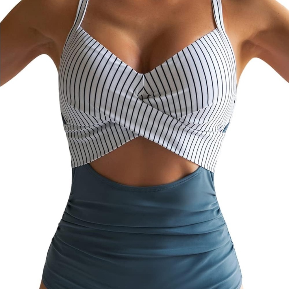 Striped Blue One Piece Swimsuit; size XL